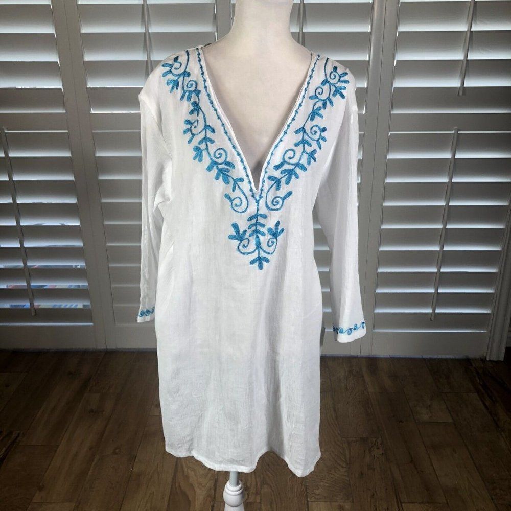 Just Bee White Beach Top Swim Cover L 100% Cotton Gauze 3/4 Sleeve Turquoise